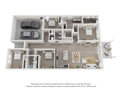 A 3D floor plan of a 4-bedroom home with a garage for two cars.